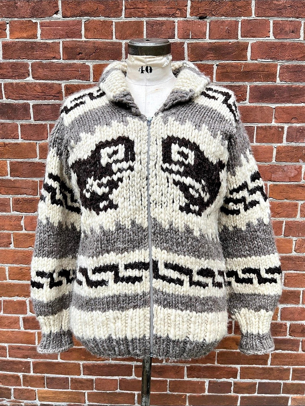 Vintage Cowichan Hand-Knit Wool Sweater Jacket Whale Talon Zip